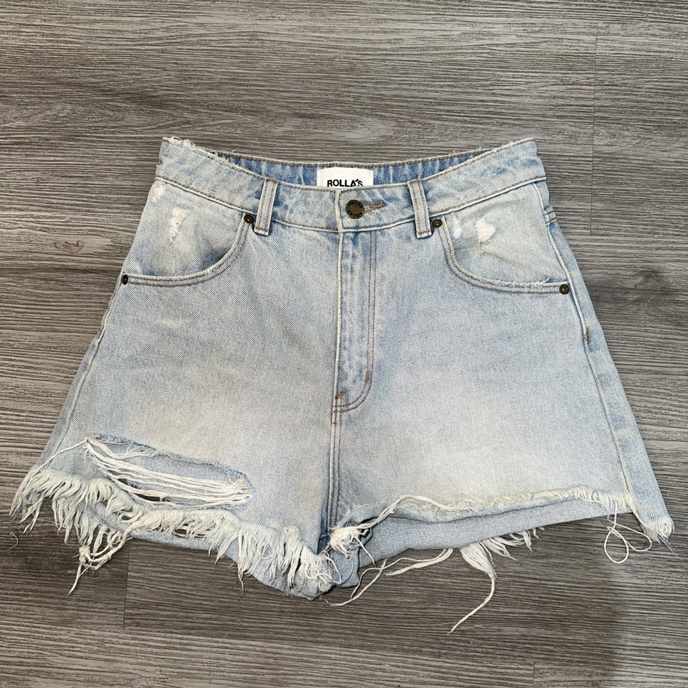 ROLLA'S Dusters High Rise Slim Jean Short Blue Light Wash Women Sz 26 Distressed
